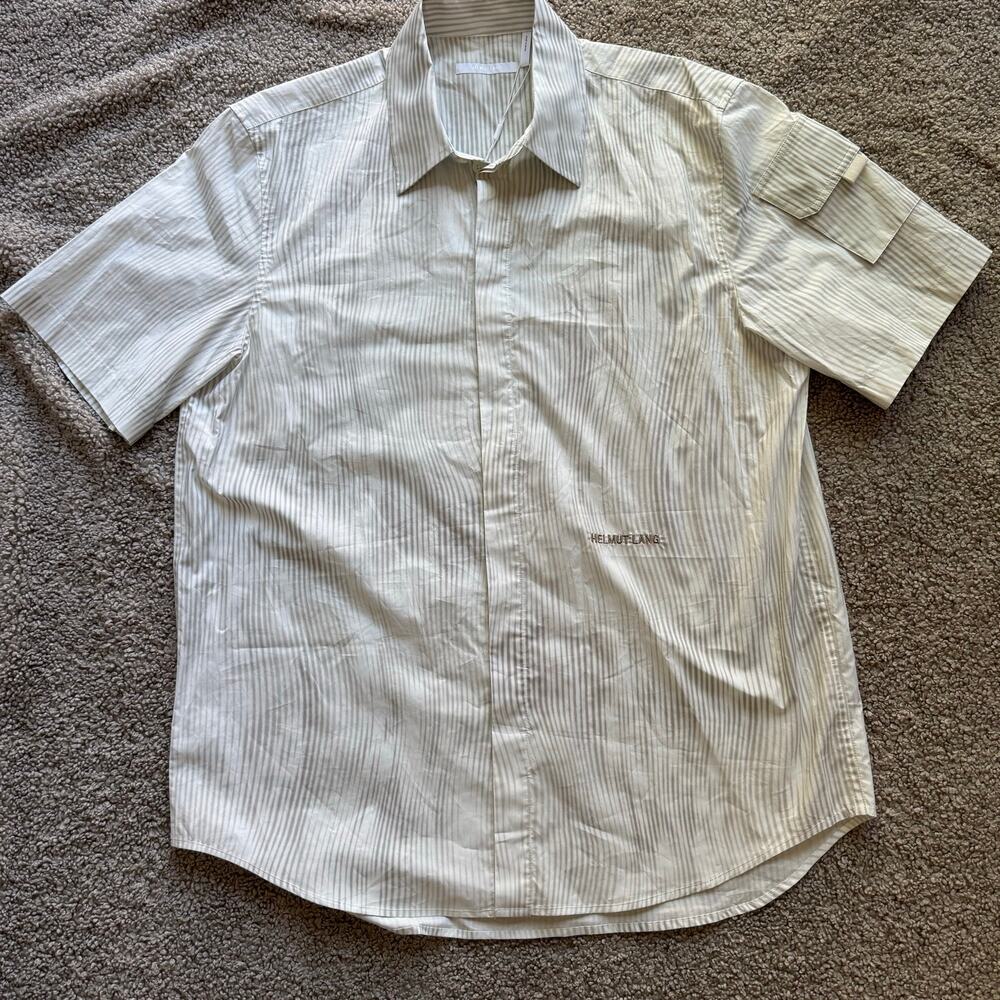 NWT Helmut Lang Men’s Logo Short Sleeve Shirt Wavy Stripe Standard Poplin Size L